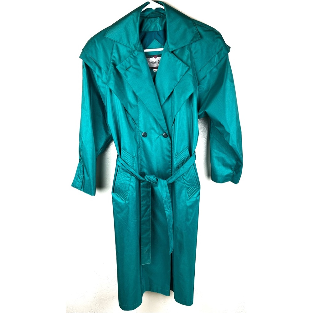 Vintage Emerald Green Trenchcoat Size 3/4 Petit 80s Belted British Mist Coat.